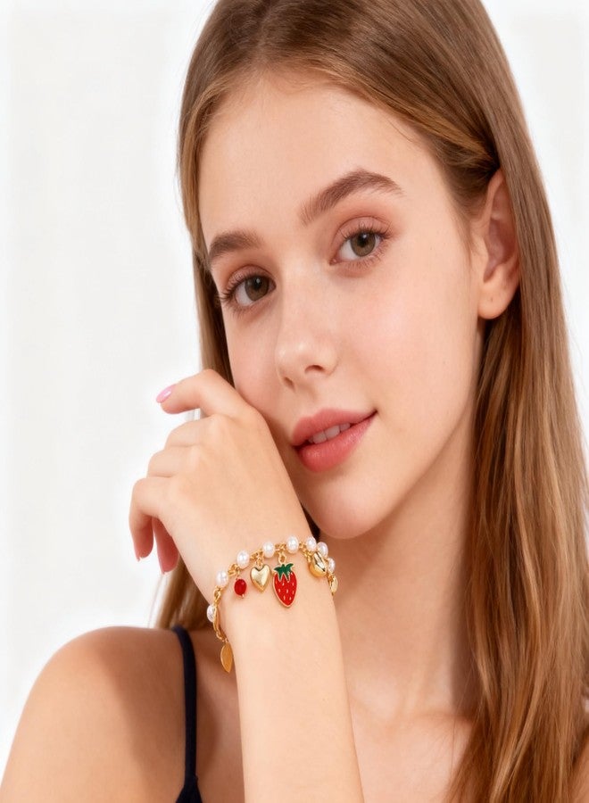 LOTSOF 18K Gold Plated Strawberry Cherry Heart Pearl Bracelet for Women Cute Fruit Adjustable Bracelets Christmas Holiday Birthday Gift Jewelry for Women (Strawberry) - Image 3